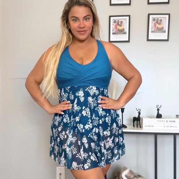 Womens Plus Size Swimsuit One Piece Bathing Suit Tummy Control Flowy Mesh Swim D - Picture 1 of 13